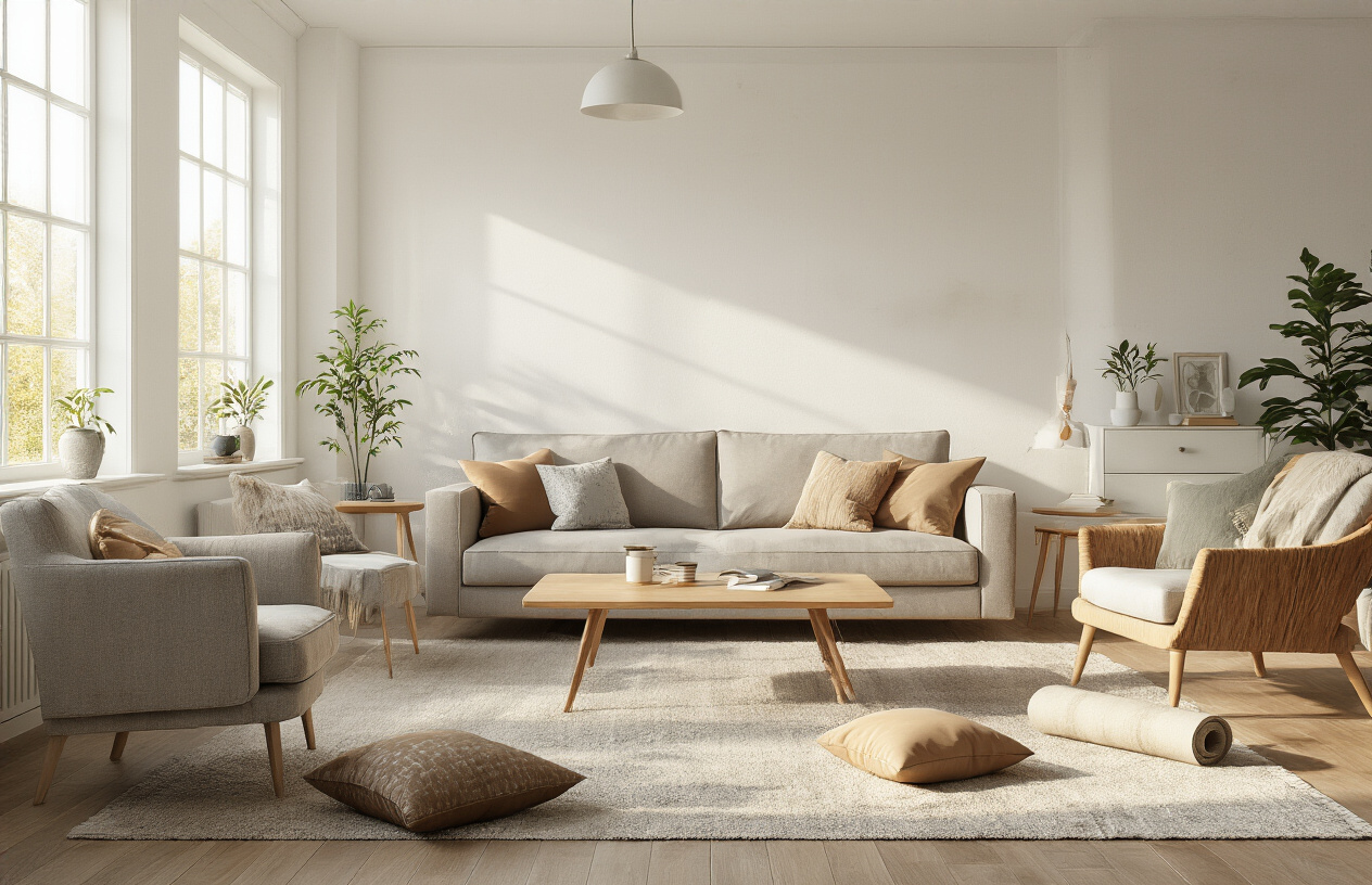 Create a realistic image of a bright, modern living room mid-transformation with furniture being rearranged, showing a sofa pulled away from the wall, a coffee table positioned at an angle, chairs moved to new positions, and a person's hands visible adjusting a side table, natural daylight streaming through windows, warm and inviting atmosphere with scattered throw pillows and a rolled-up area rug nearby, absolutely NO text should be in the scene.