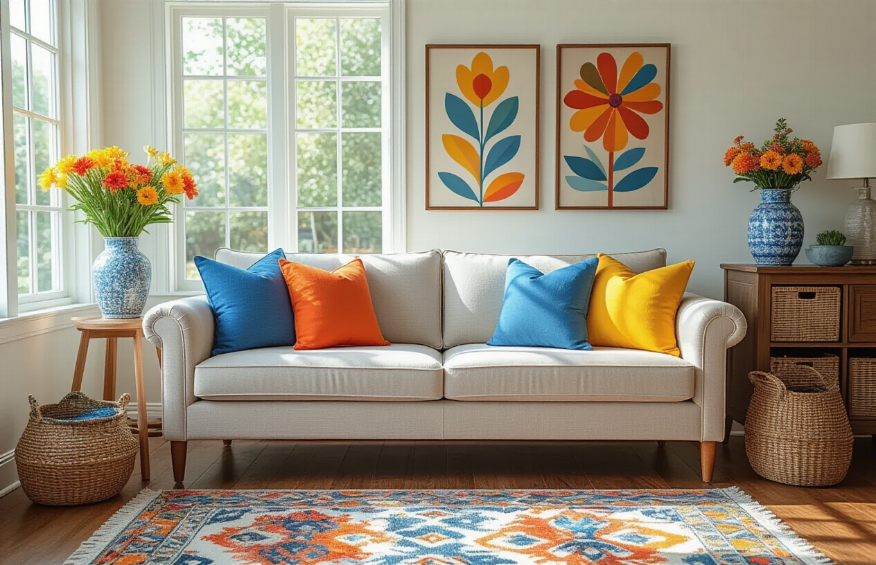 Create a realistic image of a bright, modern living room showcasing colorful throw pillows in vibrant blues, oranges, and yellows scattered across a neutral beige sofa, with a patterned area rug in complementary colors on hardwood floors, decorative vases with fresh flowers, colorful wall art, and woven baskets as storage, all items appearing affordable and accessible, with natural daylight streaming through windows creating a warm, inviting atmosphere that demonstrates budget-friendly room transformation through textiles and accessories, absolutely NO text should be in the scene.