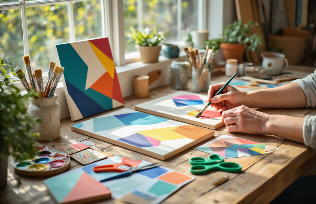 Create a realistic image of hands working on DIY wall art projects on a wooden table, showing various budget-friendly craft supplies like canvas boards, acrylic paints, paintbrushes, scissors, colorful paper, and geometric stencils, with partially completed abstract paintings and paper collages visible, soft natural lighting from a nearby window creating a warm crafting atmosphere, absolutely NO text should be in the scene.