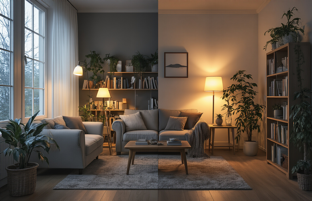Create a realistic image of a cozy living room showing a dramatic before-and-after lighting transformation, with one half of the room dimly lit by a single overhead bulb and the other half warmly illuminated by multiple strategic light sources including table lamps, floor lamps, and string lights, featuring a comfortable sofa, coffee table, bookshelf, and houseplants, with warm ambient lighting creating inviting shadows and highlights throughout the transformed side, absolutely NO text should be in the scene.