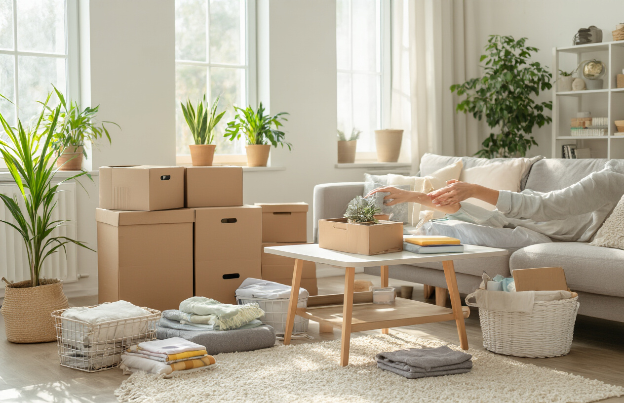 Create a realistic image of a bright, airy living room in the middle of a decluttering transformation, showing organized storage boxes, neatly folded items, a person's hands sorting through belongings on a coffee table, clean empty surfaces, fresh natural lighting streaming through windows, minimalist decor with plants, and a sense of spaciousness and cleanliness, absolutely NO text should be in the scene.