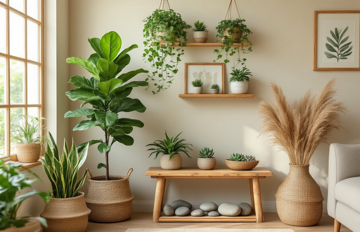 Create a realistic image of a bright, cozy living room corner featuring various indoor plants including a large fiddle leaf fig tree, hanging pothos, small succulents on wooden shelves, and a snake plant in a woven basket, with natural wood elements like a rustic wooden side table, bamboo picture frames, river rocks in glass bowls, and dried pampas grass in a ceramic vase, soft natural lighting streaming through a nearby window, warm earth-tone color palette with beige and green accents, creating a peaceful and fresh atmosphere that demonstrates affordable ways to incorporate nature into interior design, absolutely NO text should be in the scene.