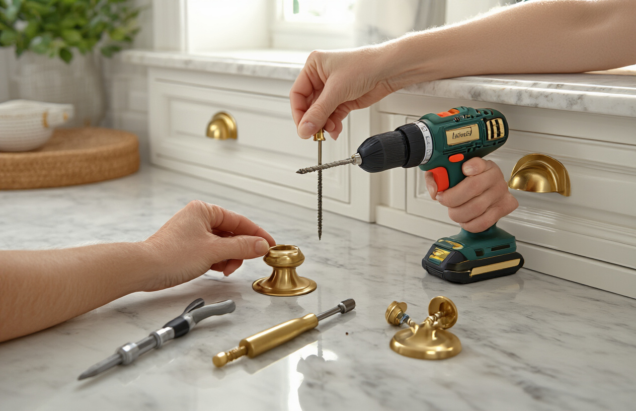 Create a realistic image of a close-up view showing hands installing new brushed gold cabinet handles on white kitchen cabinets, with a drill and screwdriver visible on a marble countertop, along with old brass handles that have been removed, soft natural lighting from a nearby window, and a warm, inviting atmosphere that suggests an easy DIY home improvement project, absolutely NO text should be in the scene.
