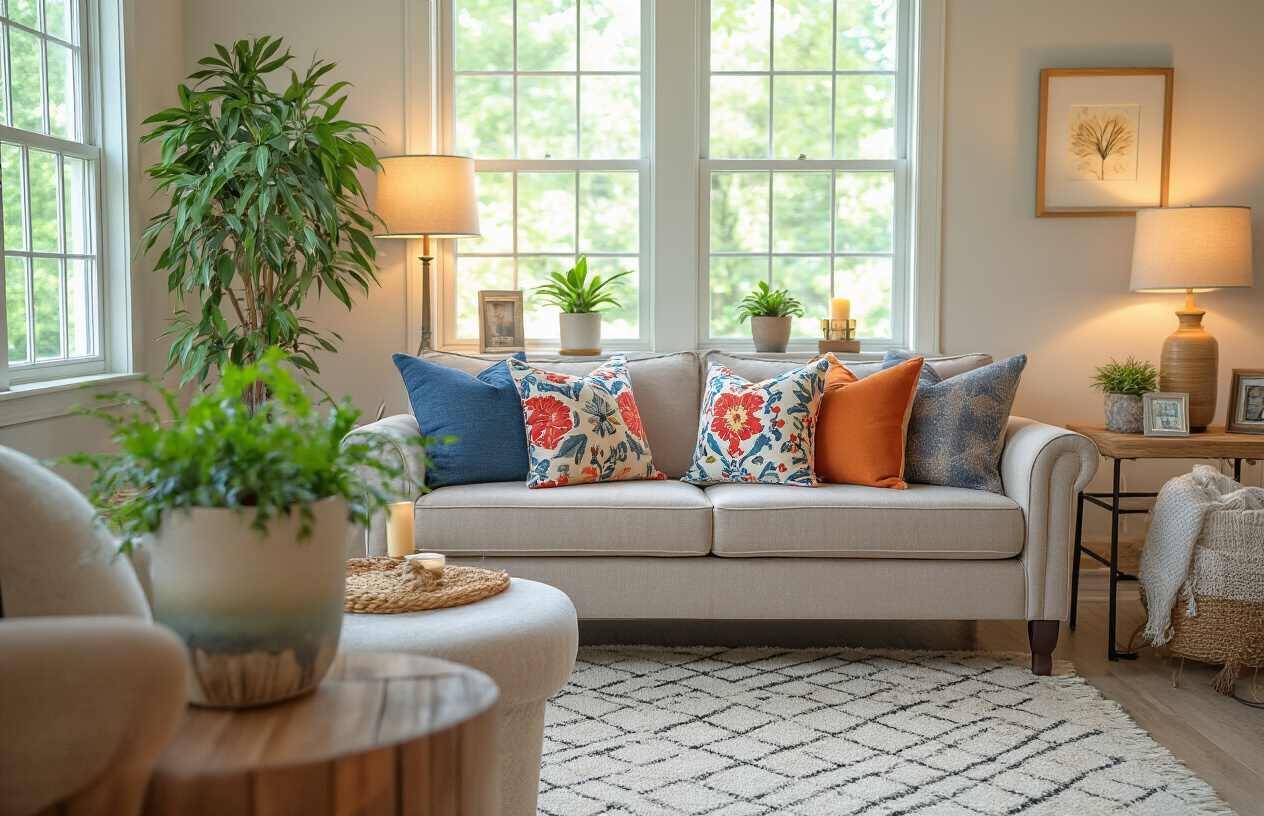 Create a realistic image of a beautifully transformed living room showcasing multiple budget-friendly makeover elements including colorful throw pillows on a sofa, a fresh potted plant on a side table, rearranged furniture creating better flow, warm ambient lighting from table lamps, and small decorative accessories like candles and picture frames, with natural sunlight streaming through windows creating a cozy and inviting atmosphere that demonstrates the successful completion of an affordable weekend room transformation project. Absolutely NO text should be in the scene.
