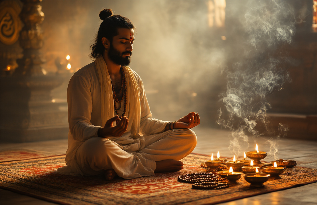 Create a realistic image of a serene South Asian male sitting cross-legged in meditation posture on a traditional prayer mat, hands positioned in mudra gesture, surrounded by flickering oil lamps and incense smoke creating gentle wisps in the air, with sacred Hindu symbols like Om carved into wooden prayer beads scattered nearby, warm golden lighting creating a peaceful spiritual atmosphere in a simple temple or home shrine setting, absolutely NO text should be in the scene.