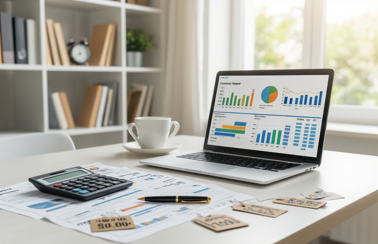 Create a realistic image of a clean modern desk with a laptop displaying colorful pricing charts and graphs, scattered printable budget worksheets and planners around the workspace, a calculator, pen, and coffee cup, with multiple price tags showing different dollar amounts arranged strategically, soft natural lighting from a window, professional home office background with bookshelves, conveying a focused analytical atmosphere of someone optimizing pricing strategies, Absolutely NO text should be in the scene.