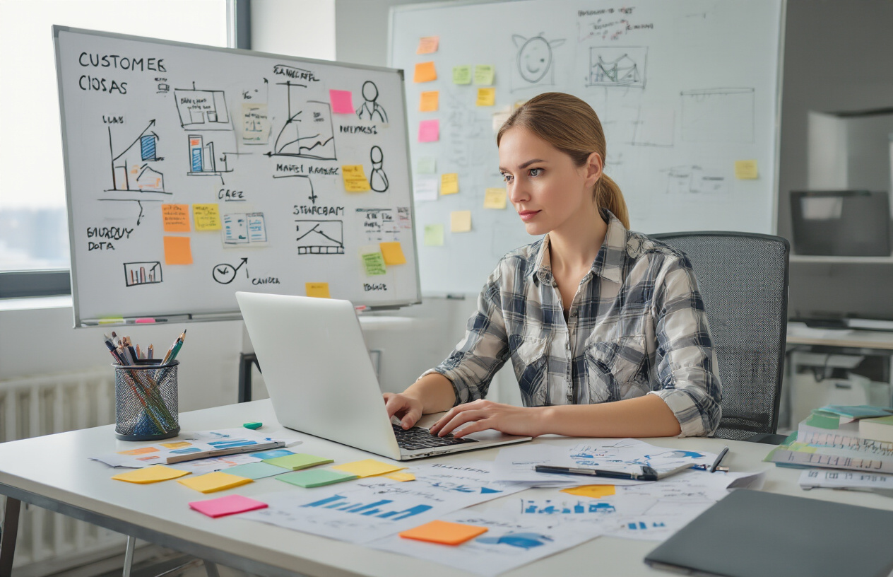Create a realistic image of a white female researcher sitting at a modern desk with laptop open, surrounded by colorful sticky notes, market research charts, and demographic data sheets spread across the workspace, with a whiteboard in the background showing customer persona sketches and buying behavior patterns, bright office lighting creating a focused and analytical atmosphere, absolutely NO text should be in the scene.