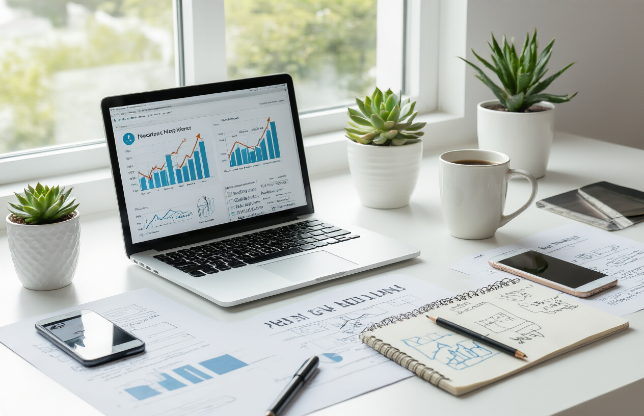 Create a realistic image of a modern workspace showing organic content strategy in action, featuring a clean white desk with an open laptop displaying social media analytics graphs with upward trending arrows, surrounded by printed budget planner templates and worksheets spread across the surface, a smartphone showing social media engagement notifications, a notebook with hand-drawn content planning sketches, a small potted succulent plant, and a coffee mug, set against a bright minimalist background with natural window lighting creating soft shadows, conveying a productive and strategic atmosphere, absolutely NO text should be in the scene.