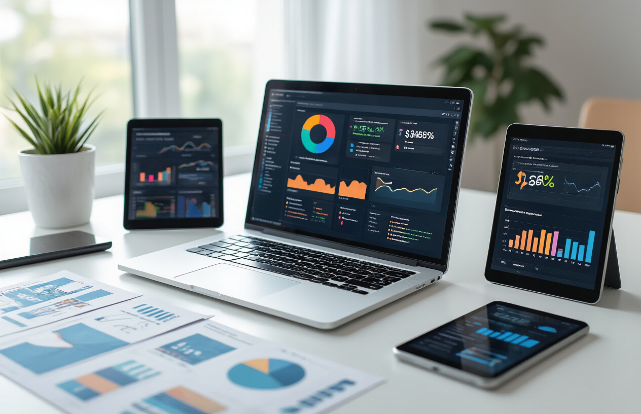 Create a realistic image of a clean, modern workspace featuring multiple digital devices including a laptop, tablet, and smartphone displaying various online marketplace interfaces and analytics dashboards with colorful charts and graphs, surrounded by organized printable design samples scattered on a white desk, with soft natural lighting from a nearby window creating a productive and professional atmosphere, absolutely NO text should be in the scene.