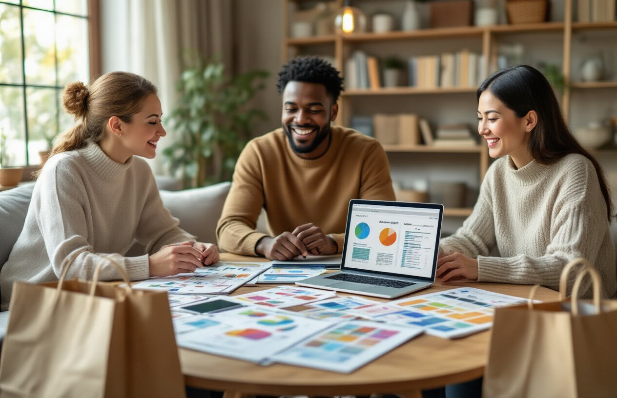 Create a realistic image of a diverse group of satisfied customers including a white female, black male, and Asian female sitting around a modern coffee table with laptops and tablets displaying colorful budget planner printables, surrounded by printed budget worksheets and planners spread across the table, with shopping bags nearby containing more printable materials, warm indoor lighting from a nearby window, cozy home office setting with bookshelves in the background, showing expressions of happiness and engagement as they interact with the budget planning materials, absolutely NO text should be in the scene.