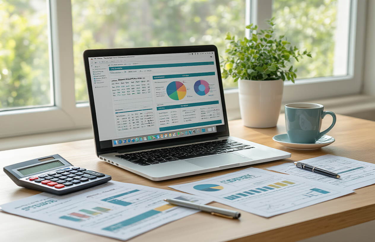 Create a realistic image of a modern home office desk setup with a laptop displaying colorful budget planner templates on screen, scattered printed budget worksheets and planners around the workspace, a calculator, coffee cup, and pen nearby, with soft natural lighting from a window creating a productive and organized atmosphere, showing the success of digital printable products, absolutely NO text should be in the scene.