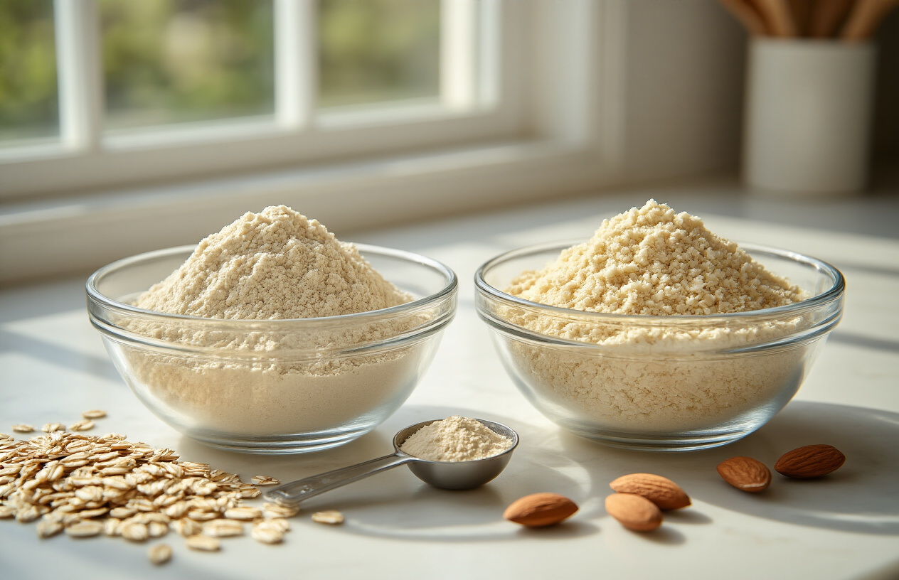 Waarom havermeel de beste vervanger voor amandelmeel zou kunnen zijn? 1 Create a realistic image of a clean kitchen countertop with two glass bowls side by side, one filled with oat flour (light beige, fine powder) and another with almond flour (cream-colored, slightly coarser texture), with measuring spoons nearby, fresh oats scattered around the oat flour bowl, and a few whole almonds near the almond flour bowl, bright natural lighting from a window creating soft shadows, warm and inviting kitchen atmosphere with white marble or light wood surface, absolutely NO text should be in the scene.