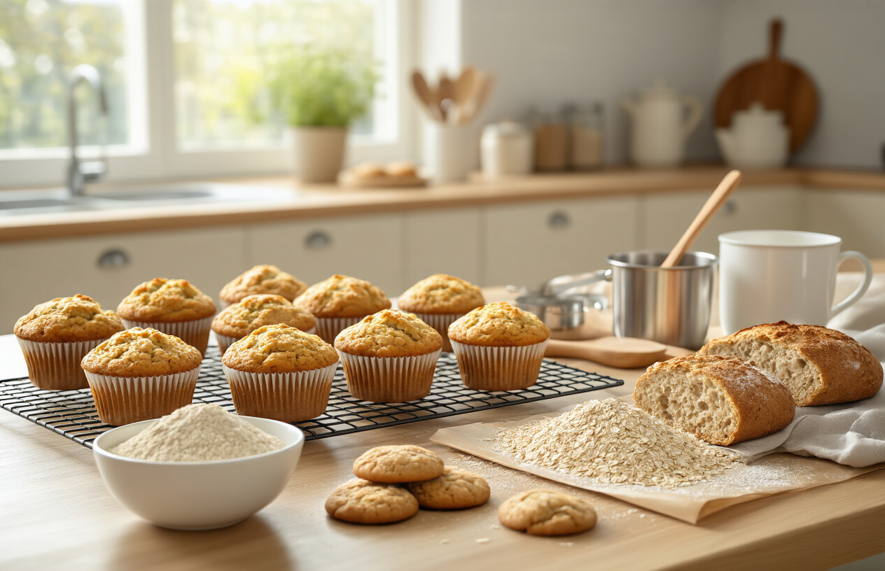 Waarom havermeel de beste vervanger voor amandelmeel zou kunnen zijn? 2 Create a realistic image of a modern kitchen counter showcasing oat flour's superior baking properties with freshly baked golden muffins, cookies, and bread made with oat flour displayed on cooling racks, a bowl of fine oat flour with a wooden spoon beside it, measuring cups and baking utensils scattered around, warm natural lighting from a window creating soft shadows, emphasizing the texture and quality of the baked goods, absolutely NO text should be in the scene.