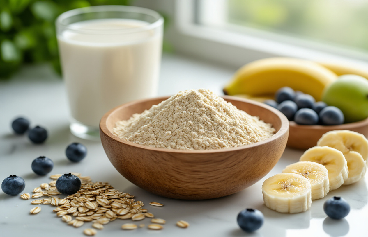 Waarom havermeel de beste vervanger voor amandelmeel zou kunnen zijn? 3 Create a realistic image of a wooden bowl filled with fine oat flour in the foreground with scattered whole oats around it, accompanied by a glass of oat milk and fresh fruits like blueberries and sliced banana on a clean white marble countertop, with soft natural lighting from a window creating gentle shadows, conveying a healthy and wholesome atmosphere. Absolutely NO text should be in the scene.