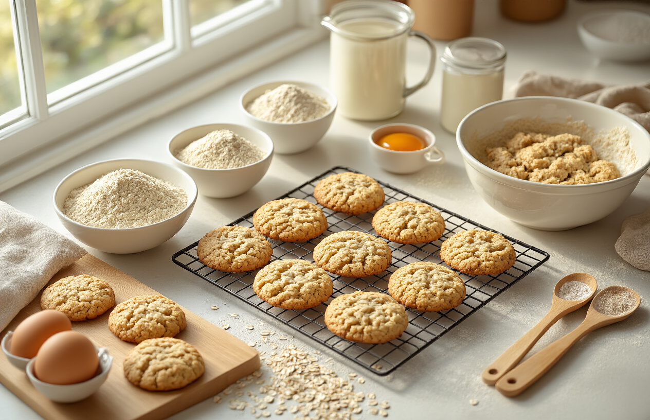 Waarom havermeel de beste vervanger voor amandelmeel zou kunnen zijn? 4 Create a realistic image of a modern kitchen counter displaying various practical uses of oat flour in cooking, featuring bowls of fine oat flour, freshly baked oat flour cookies on a cooling rack, a mixing bowl with cookie dough, measuring cups, wooden spoons, and baking ingredients like eggs and vanilla extract scattered around, with warm natural lighting from a window creating a cozy baking atmosphere, shot from above at a slight angle to showcase all the baking elements, absolutely NO text should be in the scene.