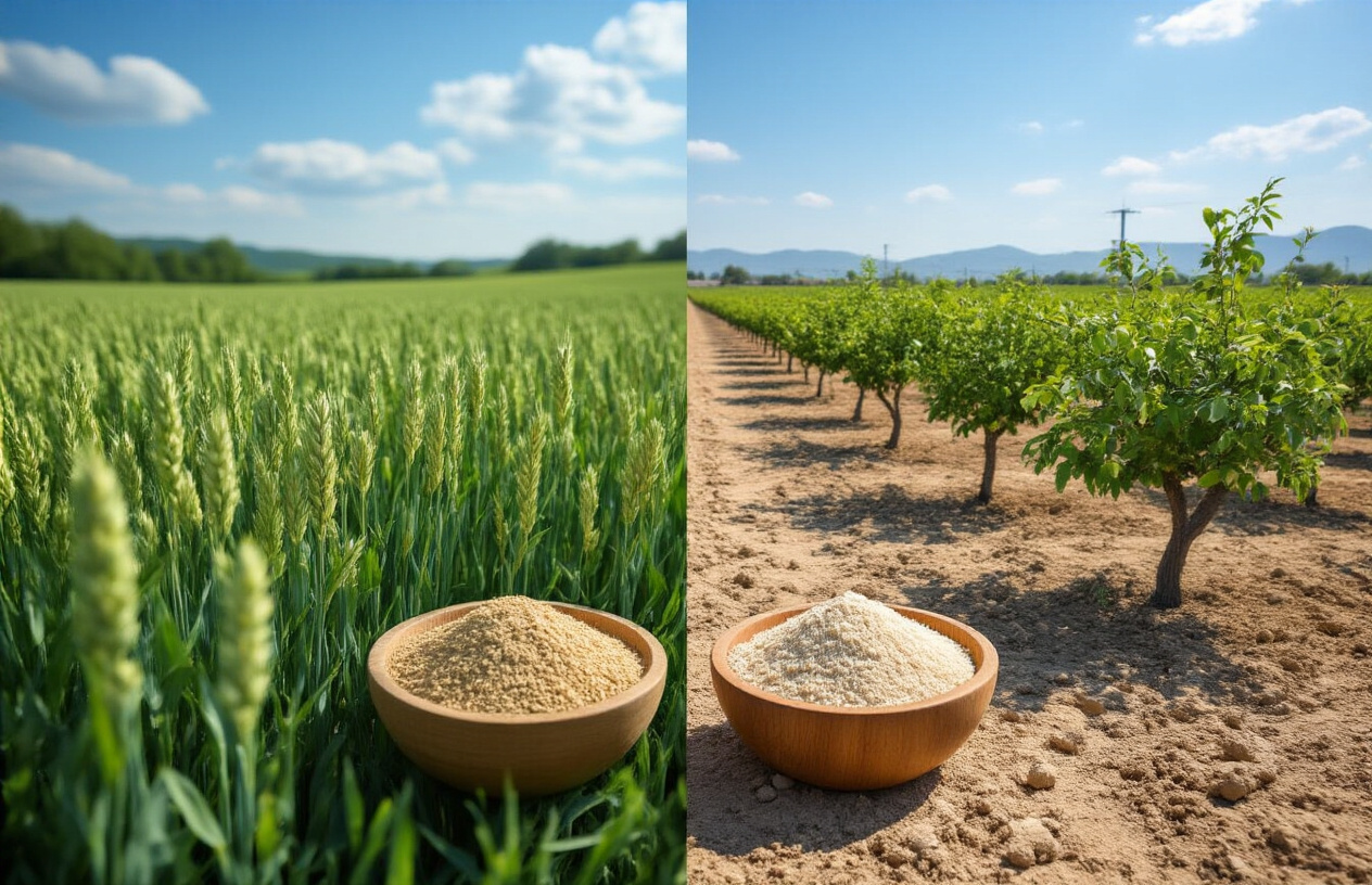 Waarom havermeel de beste vervanger voor amandelmeel zou kunnen zijn? 5 Create a realistic image of a split-screen composition showing environmental contrast: on the left side, a lush green oat field with healthy oat plants swaying gently under bright natural sunlight with a clear blue sky, representing sustainable farming; on the right side, scattered almond trees in a more arid landscape with visible irrigation systems and dried soil patches under harsh sunlight, symbolizing higher water usage and environmental impact; in the foreground, two small wooden bowls placed side by side - one containing oat flour and another containing almond flour - positioned at the center where both environments meet; the overall mood should emphasize the environmental comparison between these two ingredients; Absolutely NO text should be in the scene.