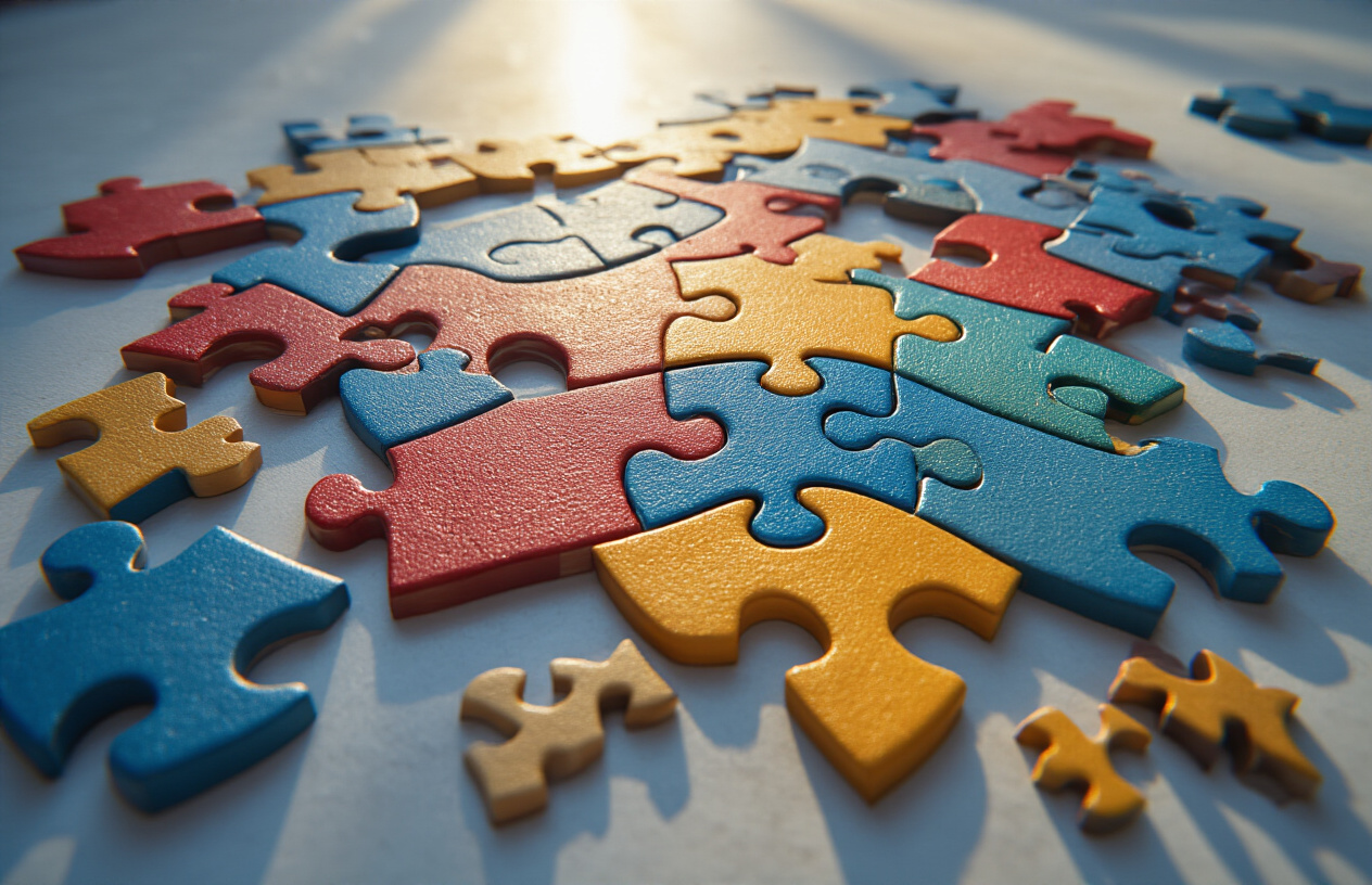 Create a realistic image of interlocking puzzle pieces in vibrant colors fitting together perfectly on a clean white surface, with soft natural lighting from above creating gentle shadows, symbolizing collaboration and unity, with additional scattered puzzle pieces nearby showing the process of coming together, shot from a slight overhead angle to emphasize the connection and harmony between elements, absolutely NO text should be in the scene.