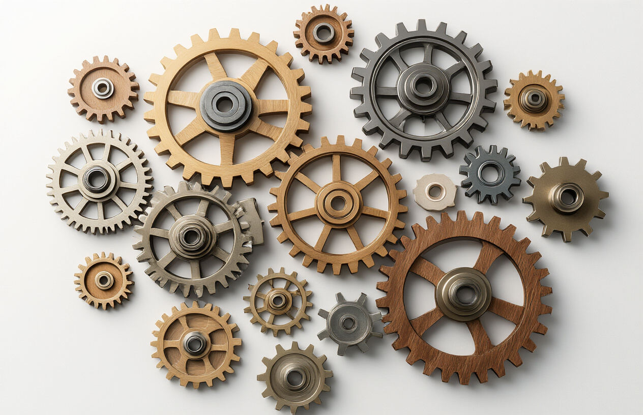 Create a realistic image of multiple interlocking gears of different sizes and colors working together in perfect harmony, with some gears made of metal, wood, and modern materials, set against a clean white background with soft professional lighting, showing smooth mechanical motion and cooperation between different components, with subtle shadows and highlights emphasizing the interconnected nature of the gear system, absolutely NO text should be in the scene.