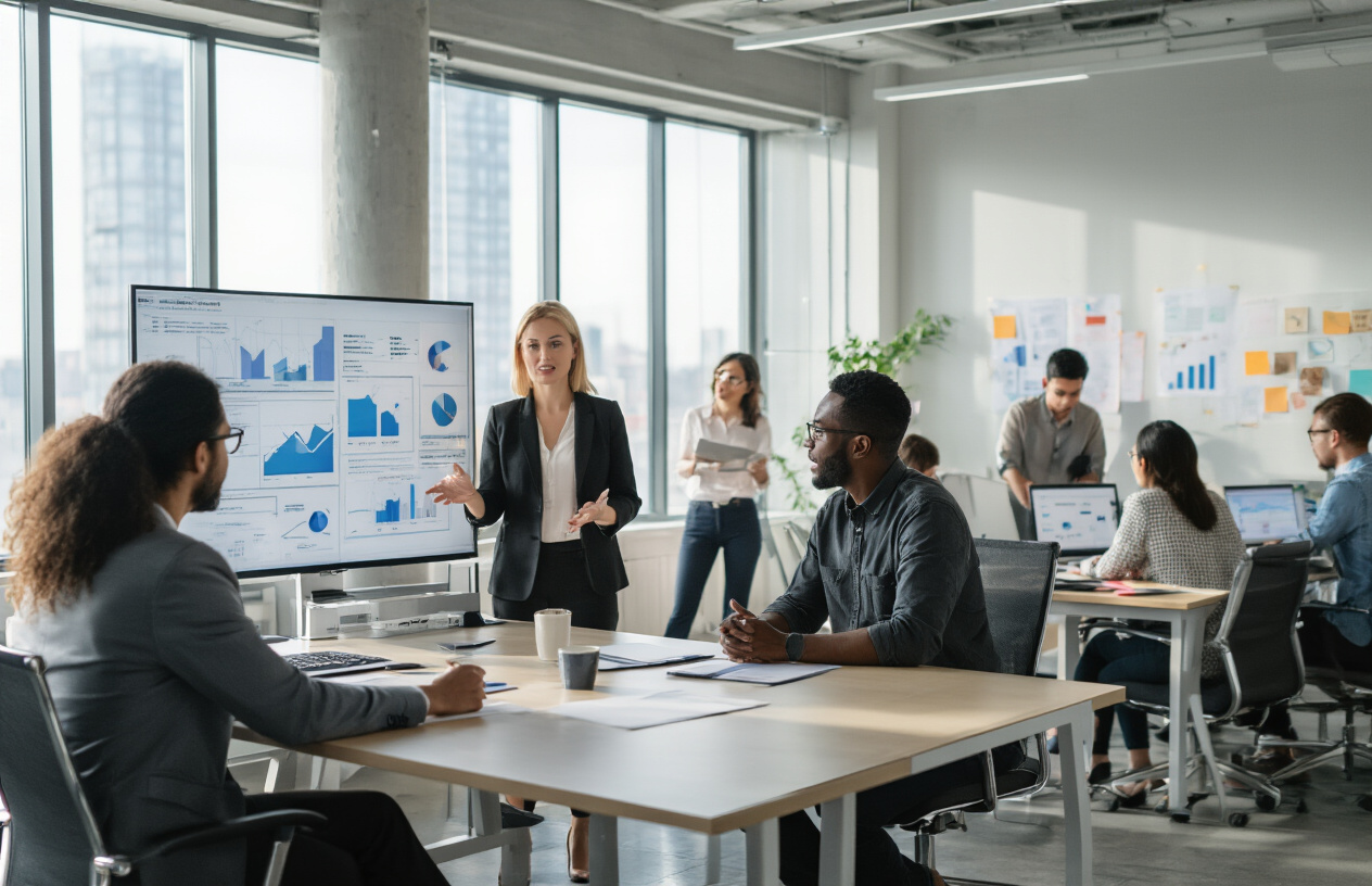 Create a realistic image of a bustling modern office environment showing diverse teams collaborating, featuring a white female manager presenting to a mixed group including a black male and Asian female colleague around a conference table, with visible charts and graphs on a wall display, while in the background other employees of various ethnicities work together on projects, natural daylight streaming through large windows creating a bright productive atmosphere, with modern office furniture and technology equipment, conveying teamwork and collaborative success, absolutely NO text should be in the scene.