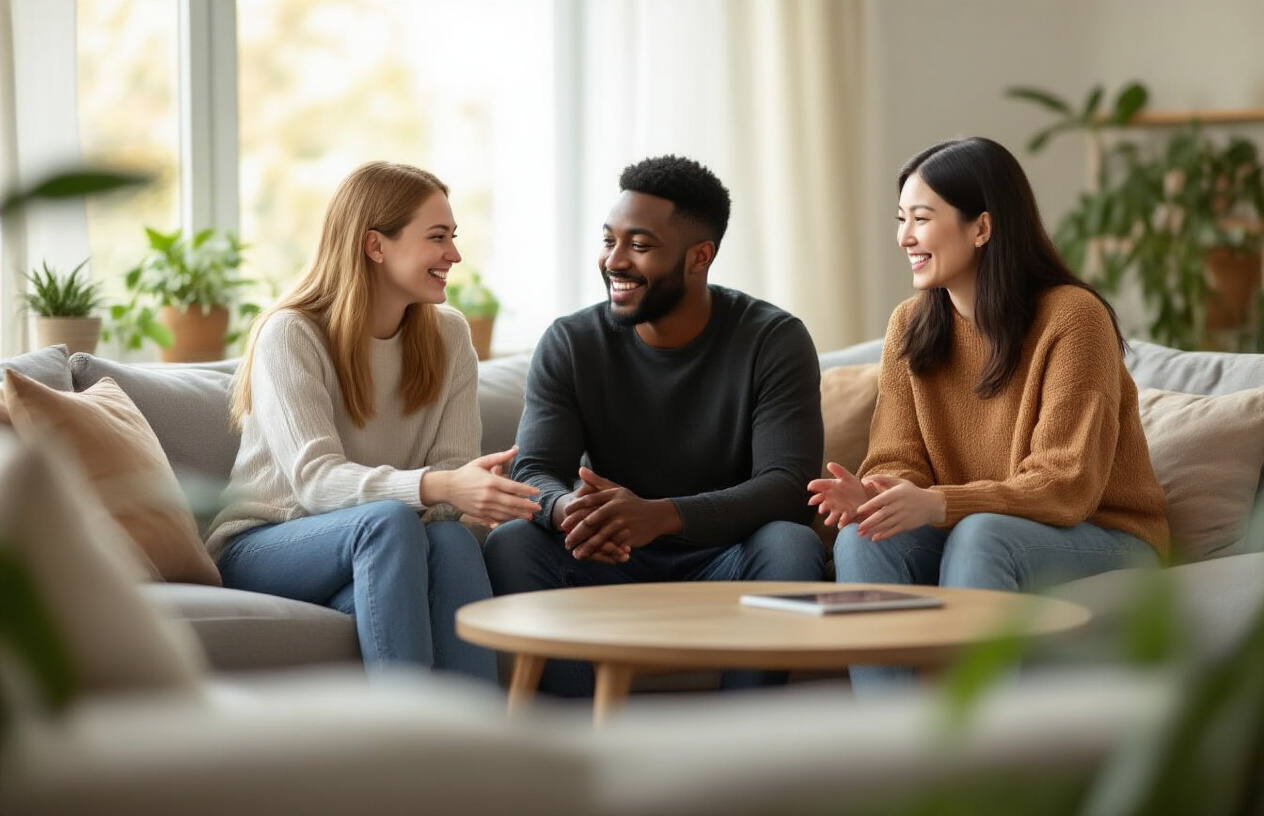 Create a realistic image of a diverse group of people including a white female, black male, and Asian female sitting together in a comfortable living room setting, engaged in warm conversation and collaboration, with soft natural lighting from a nearby window, cozy furniture like a sectional sofa and coffee table, plants in the background, showing genuine smiles and positive body language as they work together on planning or sharing ideas, creating an atmosphere of harmony and mutual support. Absolutely NO text should be in the scene.