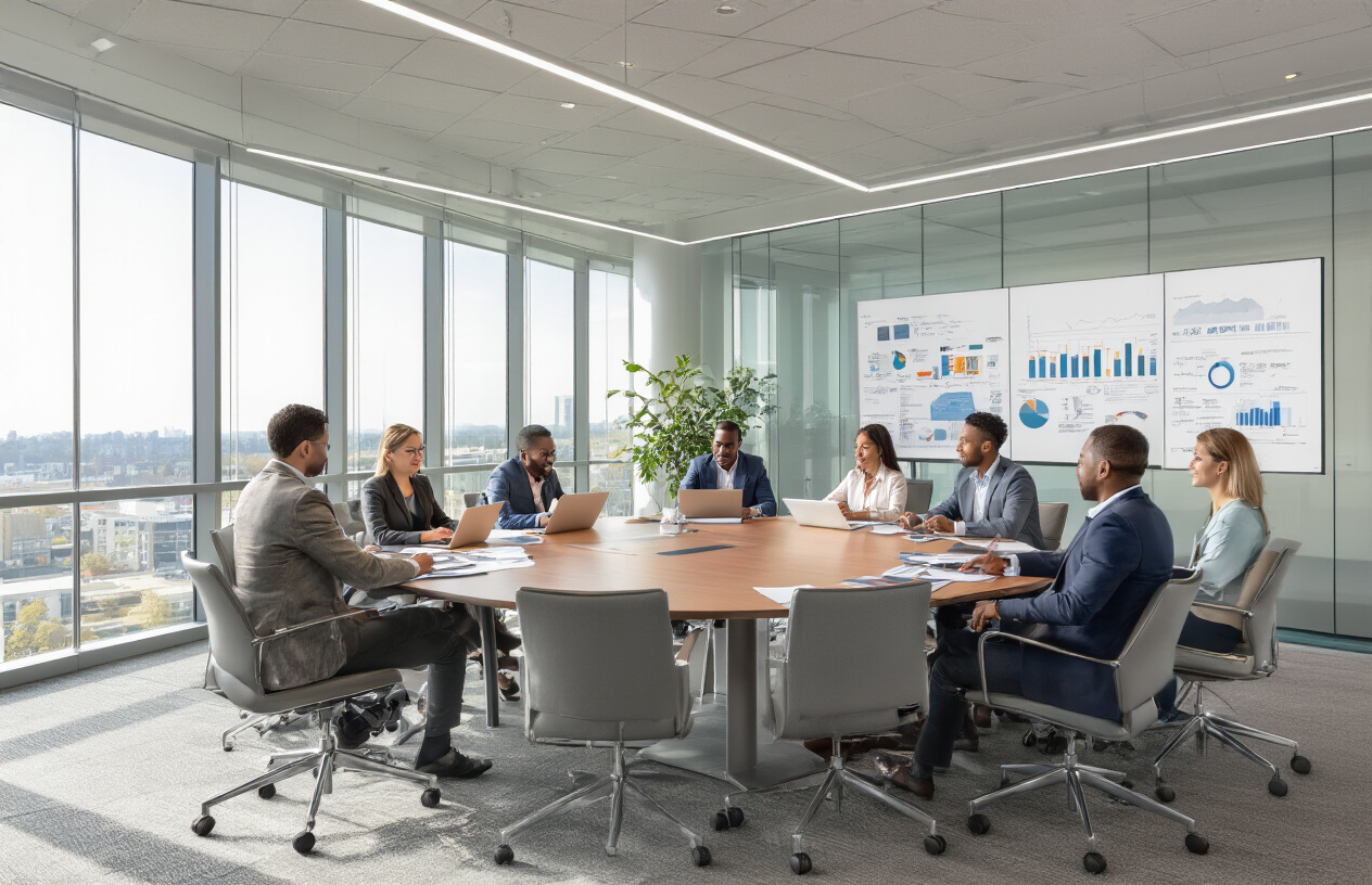 Create a realistic image of a modern conference room with a diverse group of professionals including white and black males and females sitting around a large oval table, actively collaborating with laptops, documents, and charts spread across the surface, showing engaged body language with people leaning in and gesturing toward shared materials, bright natural lighting from large windows, clean corporate interior with glass walls and contemporary furniture, conveying teamwork and strategic planning atmosphere, absolutely NO text should be in the scene.
