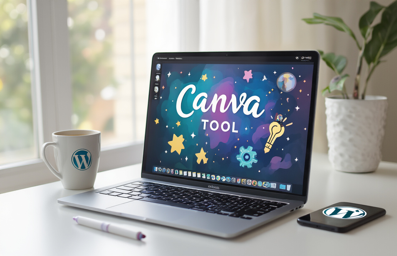 Create a realistic image of a modern laptop computer displaying the Canva interface with magic tool icons and design elements visible on screen, positioned on a clean white desk with a coffee cup nearby, soft natural lighting from a window creating a professional workspace atmosphere, with WordPress logo subtly visible on a smartphone placed beside the laptop, warm and inviting mood suggesting creativity and productivity, absolutely NO text should be in the scene.