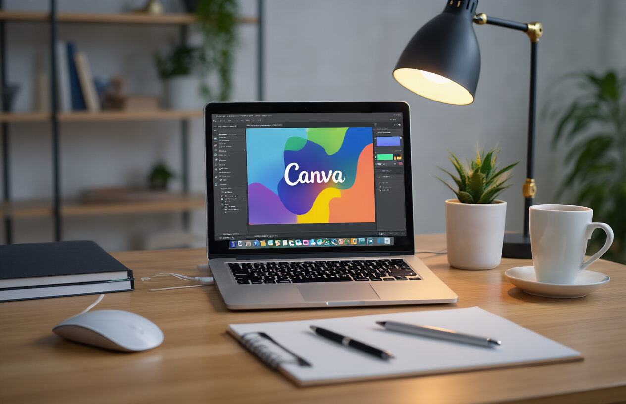 Create a realistic image of a clean, organized computer workspace showing a laptop screen displaying the Canva interface with various design tools and panels visible, a wireless mouse positioned next to the laptop, a notepad with a pen beside it, a coffee cup on a wooden desk surface, proper desk lighting from a modern lamp, and the overall scene conveying productivity and efficiency in a modern home office setting with a blurred background, absolutely NO text should be in the scene.