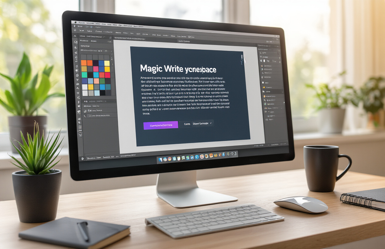 Create a realistic image of a modern computer screen displaying Canva's interface with the Magic Write tool open, showing a creative workspace where compelling text is being generated for image design, featuring a clean desk setup with a wireless mouse, coffee cup, and notebook nearby, bright natural lighting from a window, professional home office environment with plants in the background, focus on the screen showing AI-powered text generation in action, warm and productive atmosphere, absolutely NO text should be in the scene.