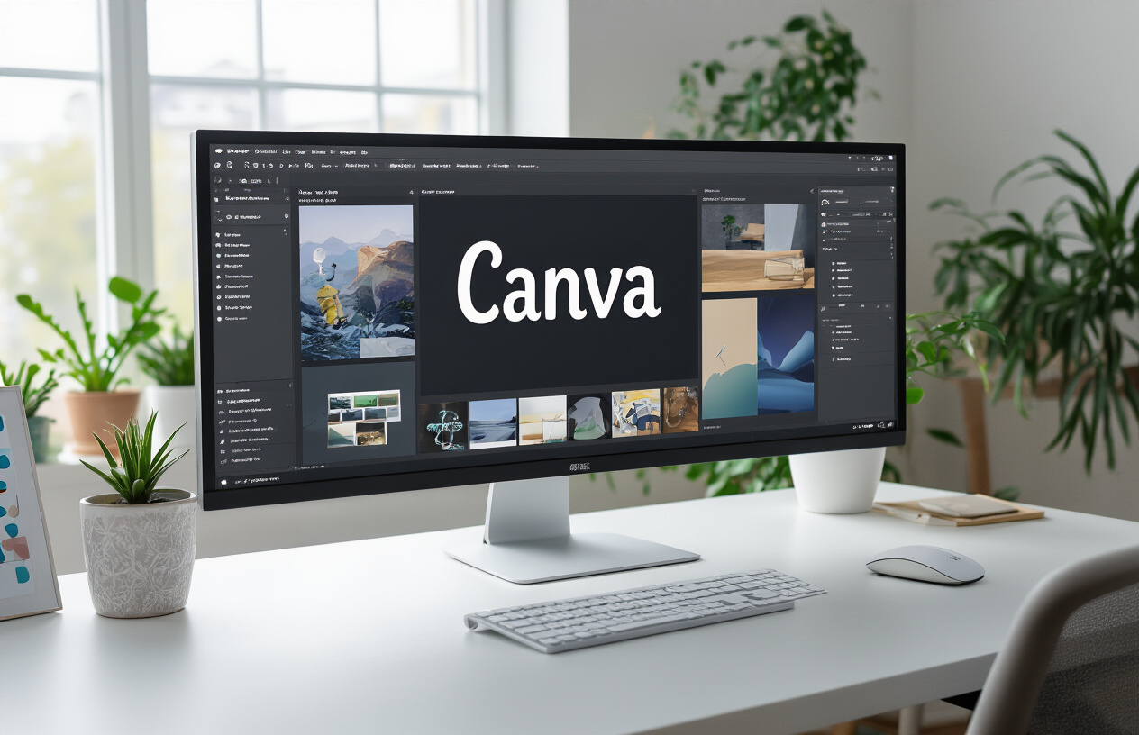 Create a realistic image of a modern computer workstation showing the Canva interface on a large monitor screen with Magic Design templates visible, featuring professional layout options and design elements scattered around the workspace, clean white desk surface with a wireless mouse and keyboard, bright natural lighting from a nearby window, minimalist office environment with plants in the background, conveying productivity and creative workflow, absolutely NO text should be in the scene.
