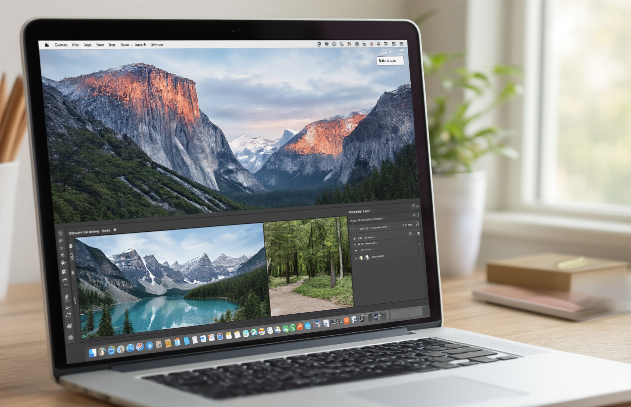 Create a realistic image of a computer screen displaying the Canva interface with Magic Eraser and Magic Edit tools being used on a WordPress featured image, showing before and after panels of an image being refined with precise editing touches, clean modern workspace with a laptop, good natural lighting from a window, professional digital design environment, absolutely NO text should be in the scene.