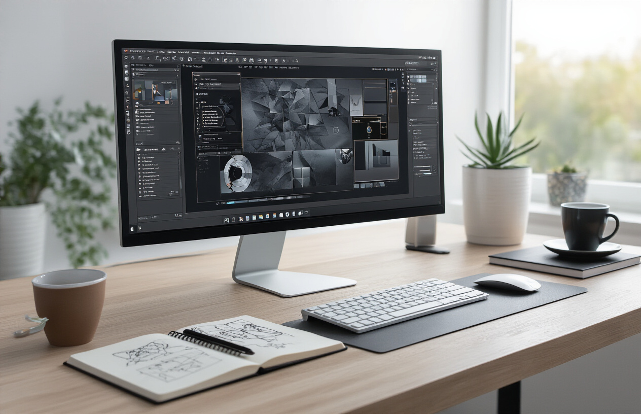Create a realistic image of a professional workspace scene showing a sleek computer monitor displaying advanced design interface with sophisticated graphic design tools and premium quality digital artwork elements, featuring a modern desk setup with wireless keyboard, mouse, and stylus tablet, complemented by coffee cup, notebook with sketches, and elegant office supplies, set against a clean minimalist background with soft natural lighting from a window, conveying expertise and professional mastery in digital design work, absolutely NO text should be in the scene.