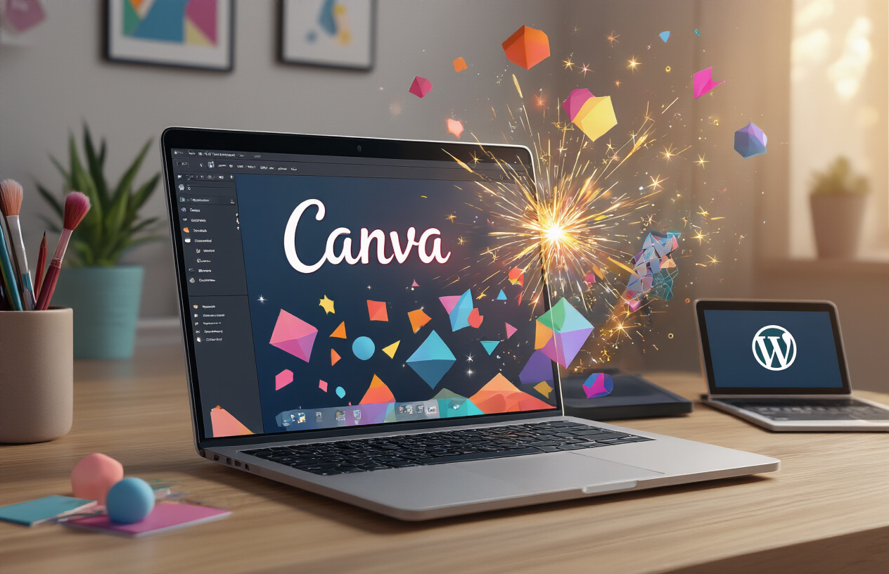 Create a realistic image of a modern workspace desk with an open laptop displaying the Canva interface with Magic Tools visible on screen, surrounded by creative design elements like colorful geometric shapes, digital brushes, and sparkles floating in the air, with a WordPress logo subtly visible on a secondary screen or tablet, warm ambient lighting creating a productive and inspiring atmosphere, clean minimalist background with soft shadows, conveying innovation and digital creativity success, absolutely NO text should be in the scene.
