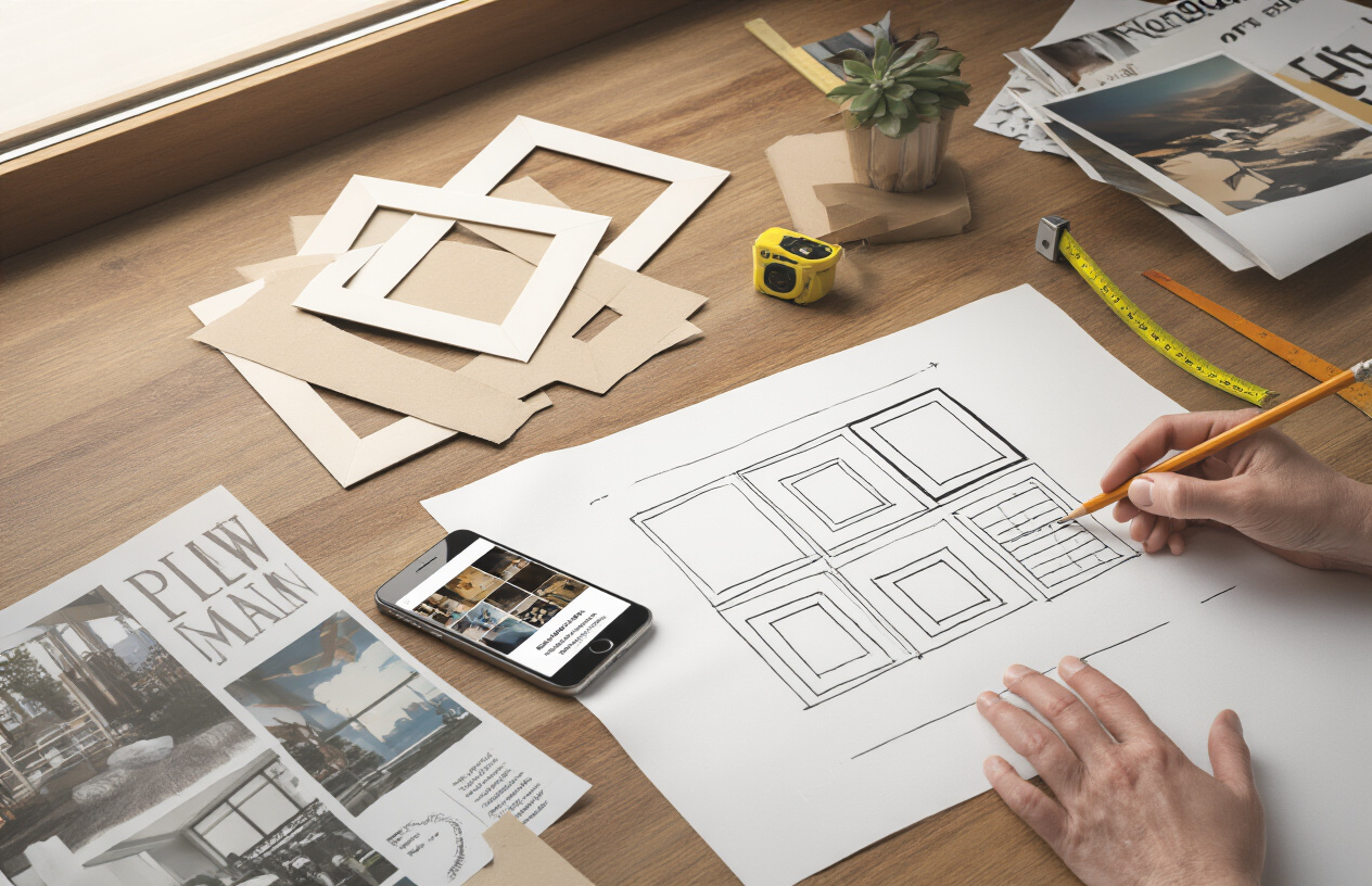Create a realistic image of hands sketching and measuring a gallery wall layout on paper with a pencil and ruler, surrounded by free planning tools including cut-out paper rectangles representing frames, a smartphone displaying a gallery wall app, printed images from magazines, and a measuring tape on a wooden desk surface, with soft natural lighting from a window, warm and creative atmosphere, absolutely NO text should be in the scene.