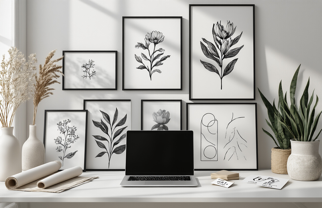 Create a realistic image of an elegant arrangement of affordable art pieces and prints displayed on a clean white surface, featuring a mix of botanical prints, abstract geometric artwork, black and white photography prints, and minimalist line drawings in various sizes, with some pieces in simple black frames and others unframed, alongside a laptop showing an online art marketplace, a few rolled-up posters, and price tags showing budget-friendly amounts, set against a bright, naturally lit background with soft shadows, conveying an upscale aesthetic despite the affordable nature of the items, absolutely NO text should be in the scene.