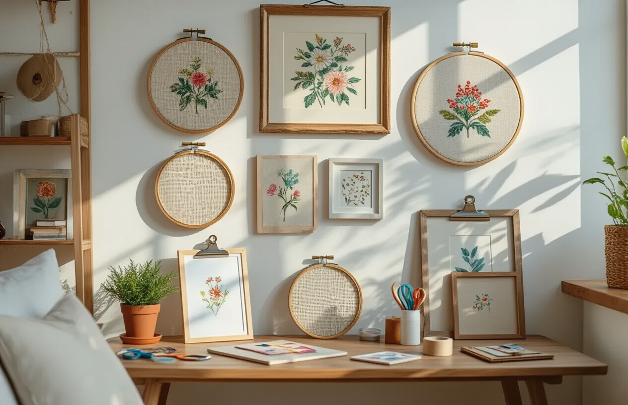 Create a realistic image of a cozy living room corner showcasing creative budget-friendly framing alternatives for artwork, featuring various pieces of art displayed in unconventional frames like embroidery hoops, clipboards, washi tape borders, and repurposed vintage frames of different sizes and materials, arranged on a white wall above a small wooden table with crafting supplies like scissors, tape, and frame materials scattered on the surface, soft natural lighting from a nearby window creating gentle shadows, warm and inviting atmosphere with neutral tones, absolutely NO text should be in the scene.