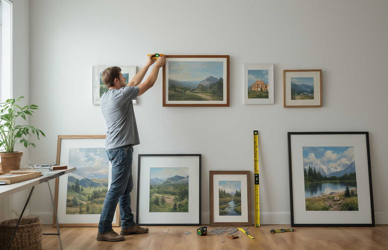 Create a realistic image of a white male person wearing casual clothes carefully hanging a framed artwork on a white wall using a level tool and pencil, with multiple framed pictures of various sizes leaning against the wall ready to be hung, a measuring tape on the floor, small nails and picture hanging hardware scattered on a nearby table, soft natural lighting from a window, clean modern interior setting with hardwood floors, showing the professional installation process of creating a gallery wall, absolutely NO text should be in the scene.