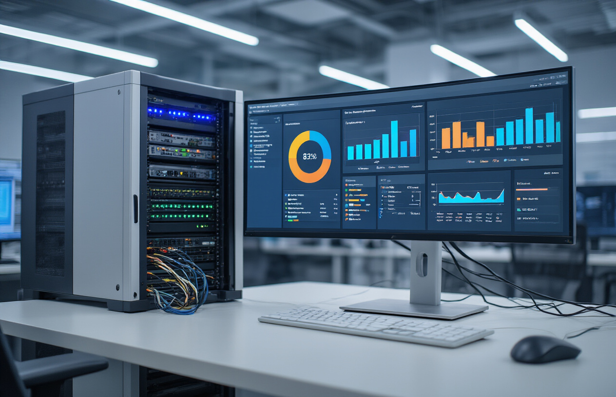 Create a realistic image of a modern office setting with a large computer monitor displaying Power BI dashboard interface with colorful charts and graphs, a sleek server rack with blinking LED lights in the background, network cables connecting various components, a clean white desk with a wireless keyboard and mouse, soft ambient lighting from overhead LED panels, and a professional technology workspace atmosphere with blue and gray color scheme, absolutely NO text should be in the scene.