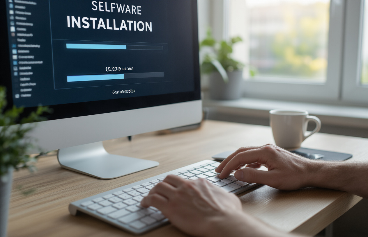 Create a realistic image of a computer monitor displaying a software installation interface with progress bars and installation steps visible on screen, a white male's hands typing on a modern keyboard in the foreground, a clean modern desk setup with a mouse pad and coffee cup nearby, soft natural lighting from a window creating a professional workspace atmosphere, the scene capturing the process of installing software step-by-step, absolutely NO text should be in the scene.