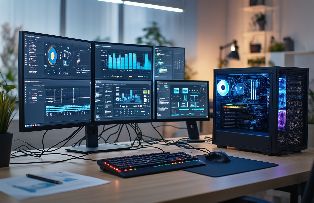 Create a realistic image of a modern computer workstation showing server configuration setup with multiple monitors displaying dashboard interfaces, network diagrams, and configuration panels, a sleek desktop computer with glowing LED indicators, ethernet cables connected to network equipment, a clean office environment with soft ambient lighting, and technical documentation scattered on the desk, Absolutely NO text should be in the scene.