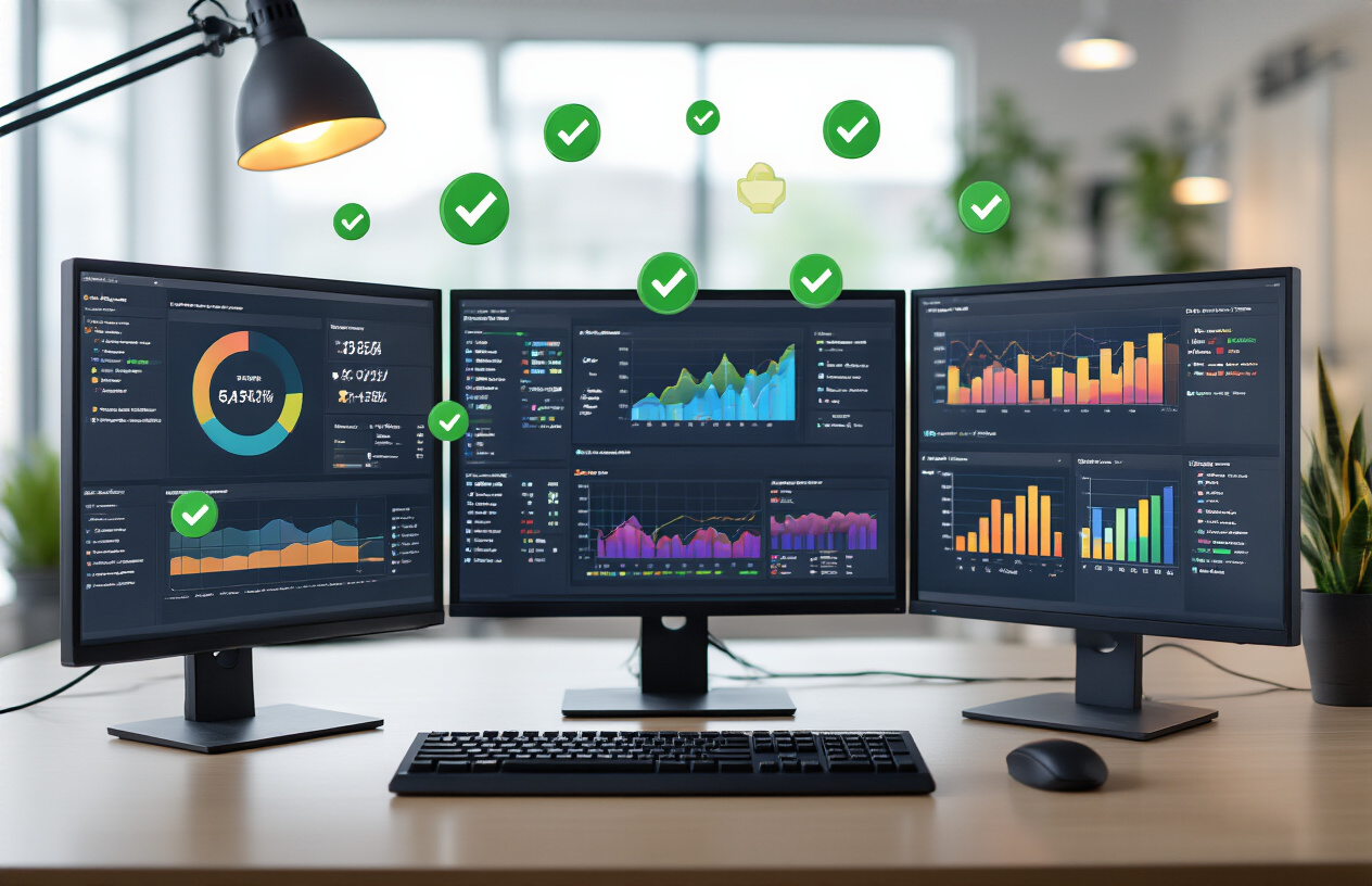 Create a realistic image of a modern computer workstation showing multiple monitors displaying colorful data visualization dashboards and charts, with a keyboard and mouse on a clean desk, green checkmarks and validation icons floating subtly in the air above the screens, warm ambient lighting from a desk lamp, professional office environment with blurred background, conveying a sense of successful completion and verification, absolutely NO text should be in the scene.