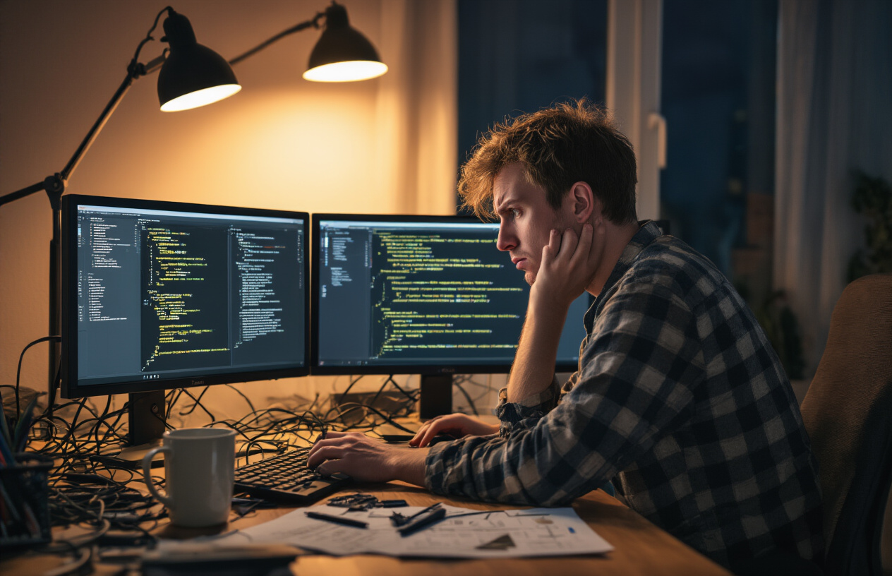 Create a realistic image of a computer desk setup showing a frustrated white male developer sitting in front of dual monitors displaying error messages and installation screens, with tangled cables, scattered technical documentation, a coffee mug, and debugging tools visible on the desk, set in a dimly lit home office with warm ambient lighting from a desk lamp, conveying a troubleshooting atmosphere. Absolutely NO text should be in the scene.