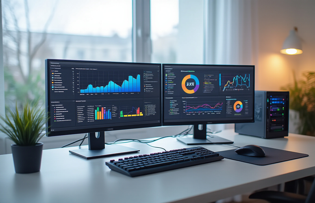Create a realistic image of a modern computer workstation with dual monitors displaying colorful Power BI dashboards and data visualizations, with server connection icons and network diagrams visible on the screens, a sleek keyboard and mouse on a clean desk, soft ambient lighting from a nearby window, professional office environment with a subtle tech atmosphere, cables neatly organized, and a sense of successful completion and connectivity, Absolutely NO text should be in the scene.