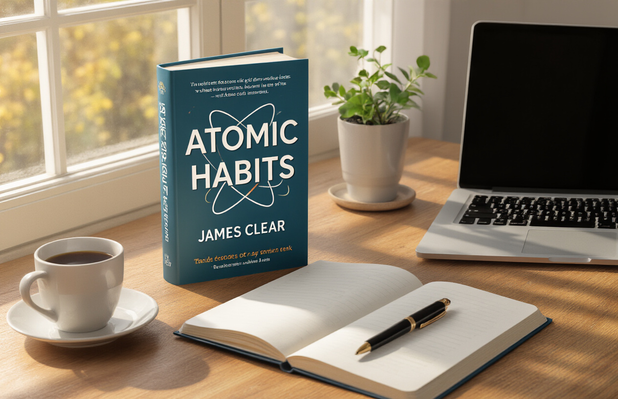 Create a realistic image of a clean, modern desk setup with the "Atomic Habits" book by James Clear prominently displayed as the central focus, showing its distinctive cover design, alongside an open notebook with a pen resting on it, a laptop partially visible in the background, warm natural lighting from a window creating soft shadows, professional and studious atmosphere suggesting research and reading, with a small potted plant and a cup of coffee as complementary elements on a wooden desk surface, absolutely NO text should be in the scene.