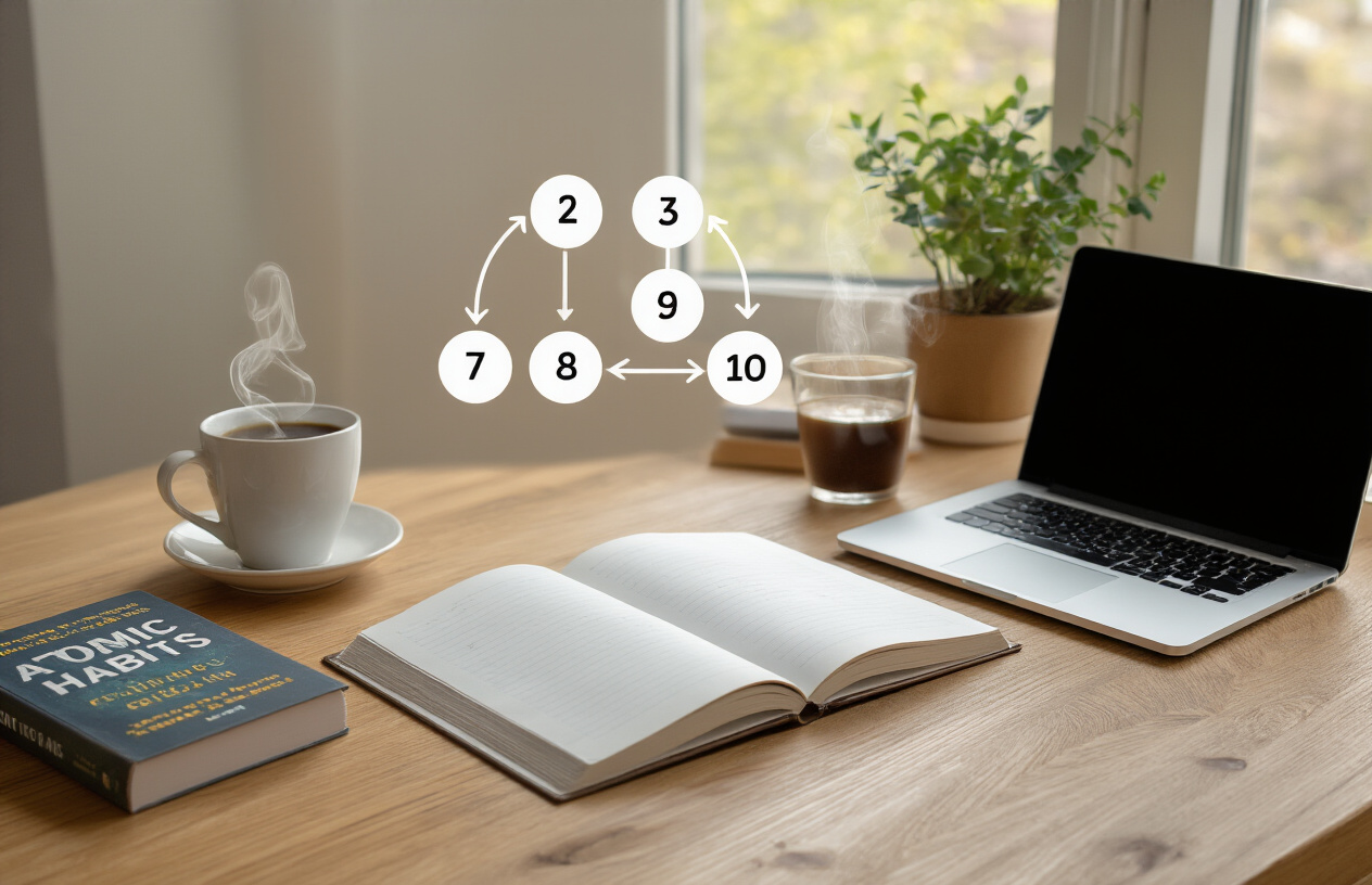 Create a realistic image of a modern workspace with a clean wooden desk featuring an open notebook displaying four numbered circular icons arranged in a clockwise flow pattern, connected by sleek arrows to represent a behavioral framework, alongside a copy of Atomic Habits book, a laptop, and a steaming coffee cup, with soft natural lighting from a nearby window creating a productive and organized atmosphere, warm tones throughout the scene, absolutely NO text should be in the scene.