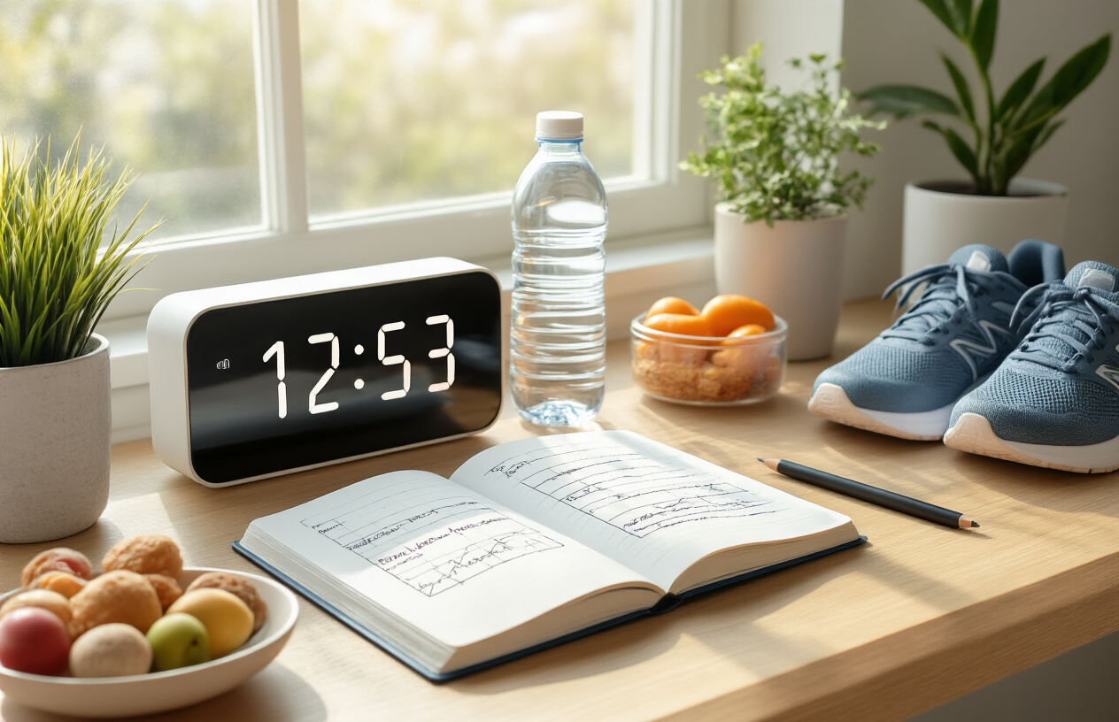 Create a realistic image of a minimalist workspace featuring an open notebook with handwritten habit tracking charts and performance metrics, a sleek digital clock showing early morning time, a water bottle, a pair of running shoes, and healthy snacks arranged on a clean wooden desk, with soft natural lighting streaming through a window creating a motivating and organized atmosphere that represents daily routine optimization and personal growth, absolutely NO text should be in the scene.