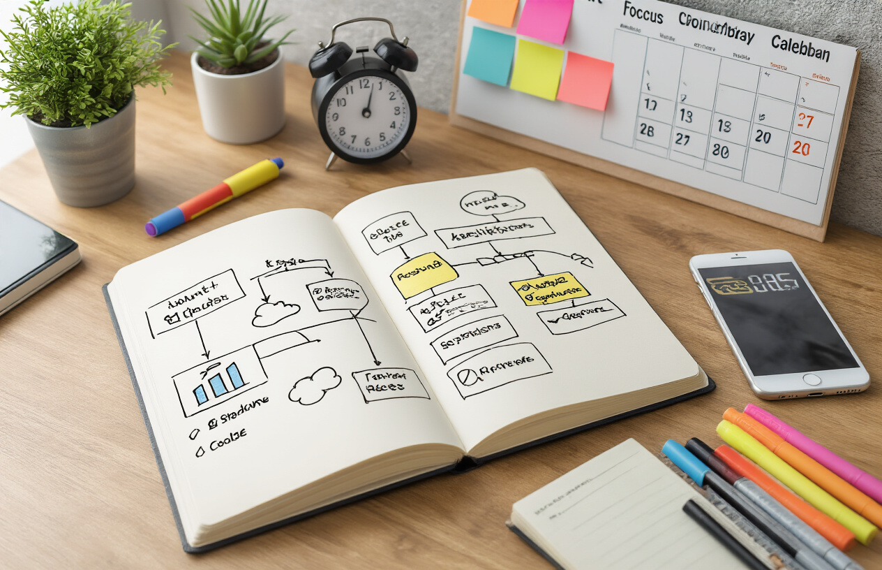Create a realistic image of a clean, organized desk setup with an open notebook displaying hand-drawn flowcharts and bullet points, a smartphone with habit tracking apps visible on screen, colorful sticky notes arranged on a wall calendar, a digital timer showing focus time, and various productivity tools like pens, highlighters, and a small potted plant, all arranged in a bright, naturally lit workspace that conveys organization and goal-setting, absolutely NO text should be in the scene.