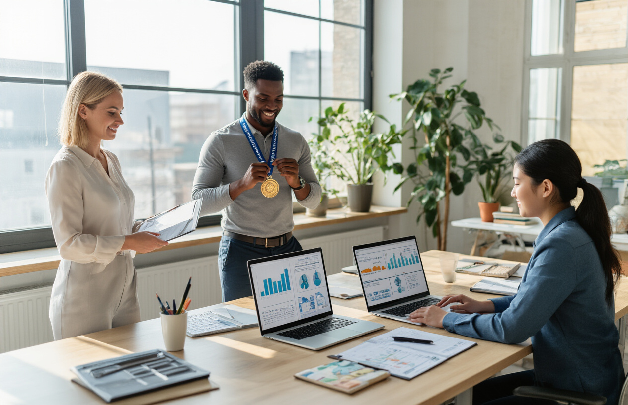 Create a realistic image of a diverse group of professionals in a modern office setting celebrating achievements, with a white female entrepreneur at a standing desk with organized workspace showing habit-tracking charts on a laptop screen, a black male athlete in business casual attire holding a medal while reviewing a training schedule, and an Asian female student with neat study materials and completed goal checklists on a desk, bright natural lighting streaming through large windows creating an inspiring and motivational atmosphere, with plants and minimalist decor in the background suggesting growth and success, absolutely NO text should be in the scene.