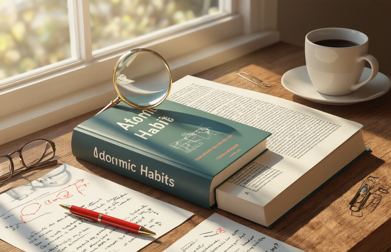 Create a realistic image of an open book titled "Atomic Habits" lying on a wooden desk with a magnifying glass positioned over specific pages, surrounded by scattered analytical notes on paper, a red pen with corrections and question marks, a pair of reading glasses, and a coffee cup, with warm natural lighting from a window creating shadows that emphasize the scrutinizing mood of critical examination, absolutely NO text should be in the scene.