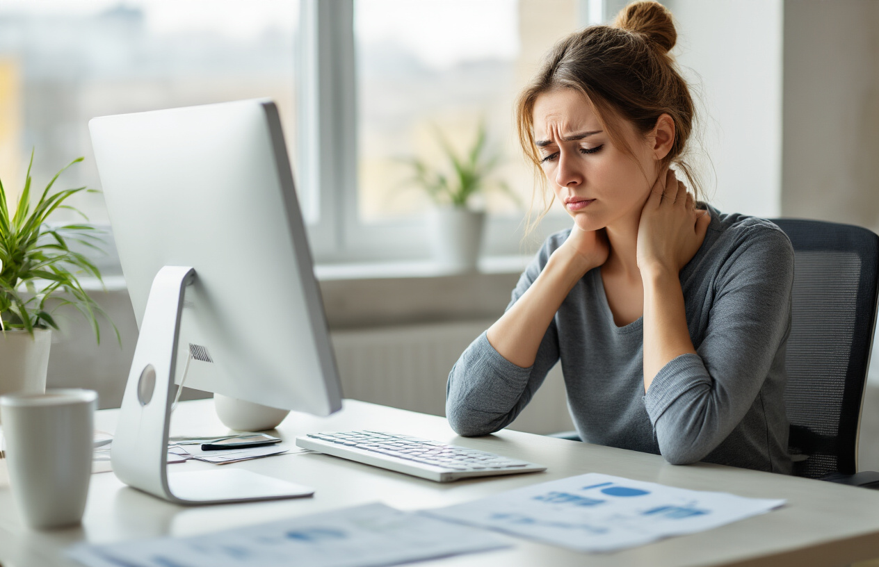 Create a realistic image of a tired white female office worker sitting at a modern desk with a computer, showing visible signs of fatigue including slouched posture, rubbing her neck with one hand while looking at the computer screen, surrounded by a typical office environment with ergonomic chair, papers, and coffee cup, soft natural lighting from a nearby window, conveying the physical strain and exhaustion from prolonged desk work, absolutely NO text should be in the scene.