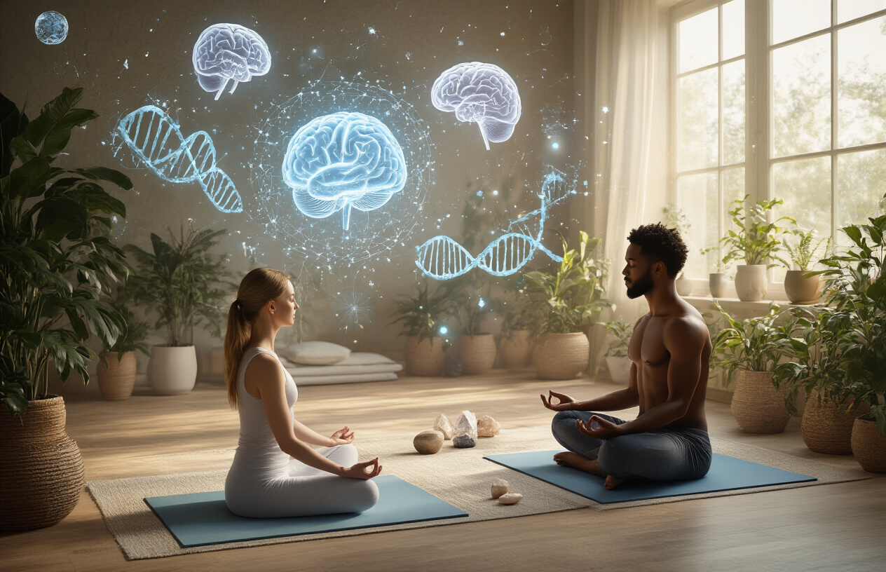 Create a realistic image of a serene indoor wellness space featuring scientific elements and transformation symbols, with a diverse group including a white female and black male person practicing gentle yoga movements on meditation mats, surrounded by floating translucent brain imagery, DNA helixes, and glowing neural network patterns, soft natural lighting streaming through large windows, potted plants and crystals scattered around, warm earth tones with subtle blue and green accents, peaceful and transformative atmosphere conveying scientific validation of mindfulness benefits, absolutely NO text should be in the scene.